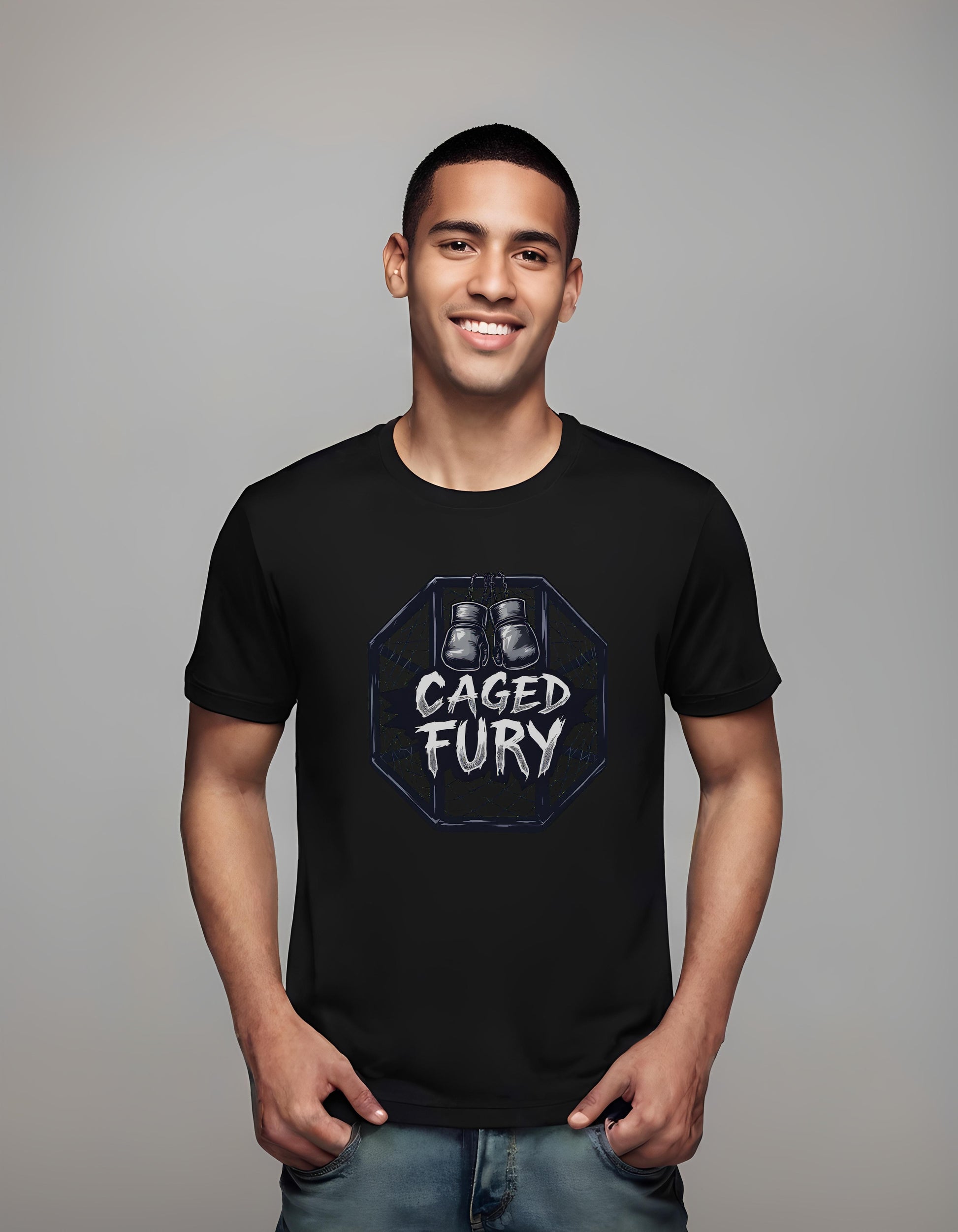 fighter gloves t-shirt - caged fury apparel - energetic martial arts design