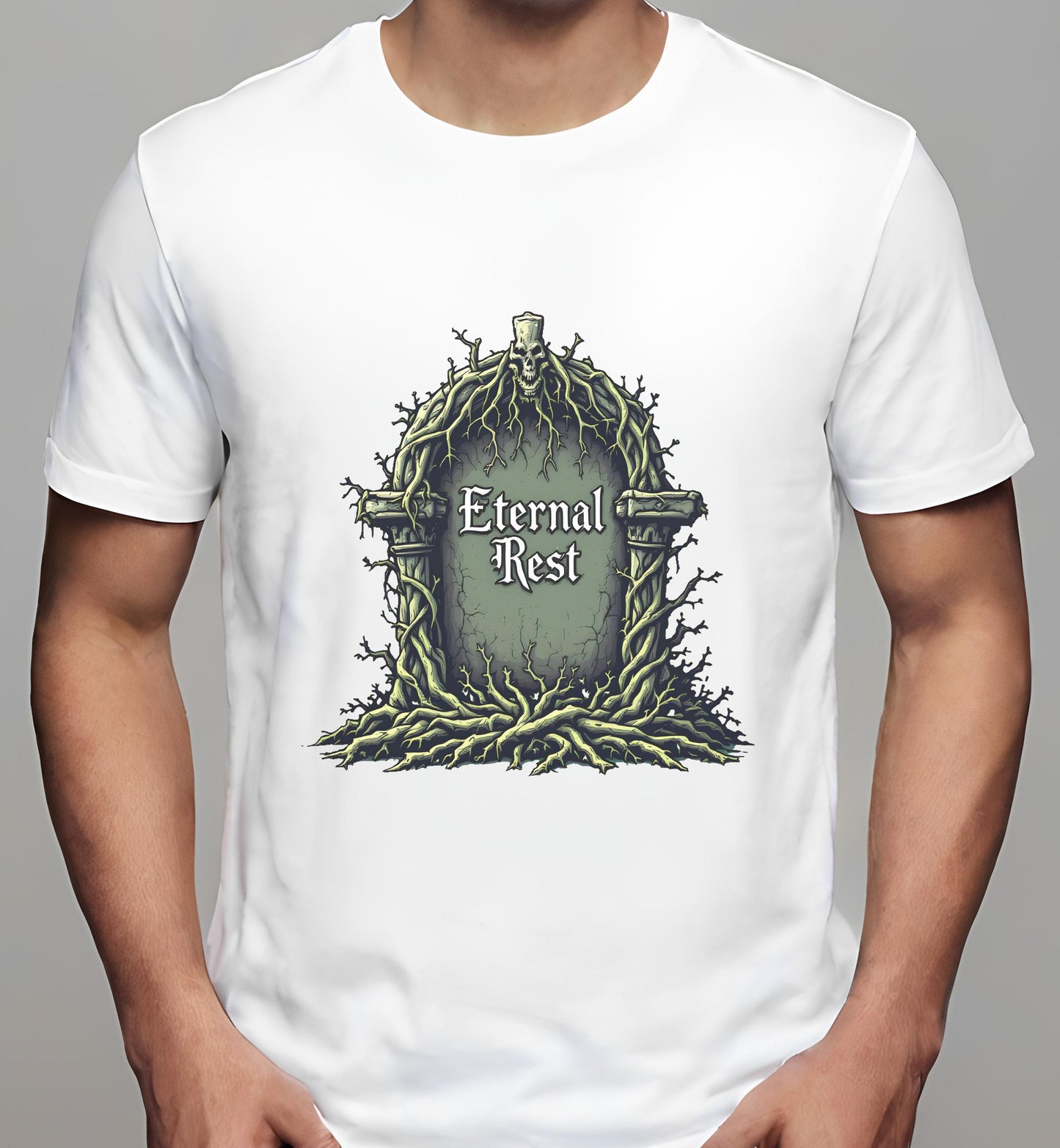 skull and roots design - white - t-shirt - fantasy artists