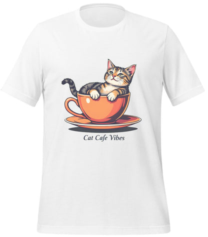 t-shirt - whimsical artwork - playful cat design - white - happy cat image