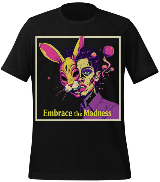 t-shirt - rabbit mask merchandise - black - bold typography art - pop culture fans