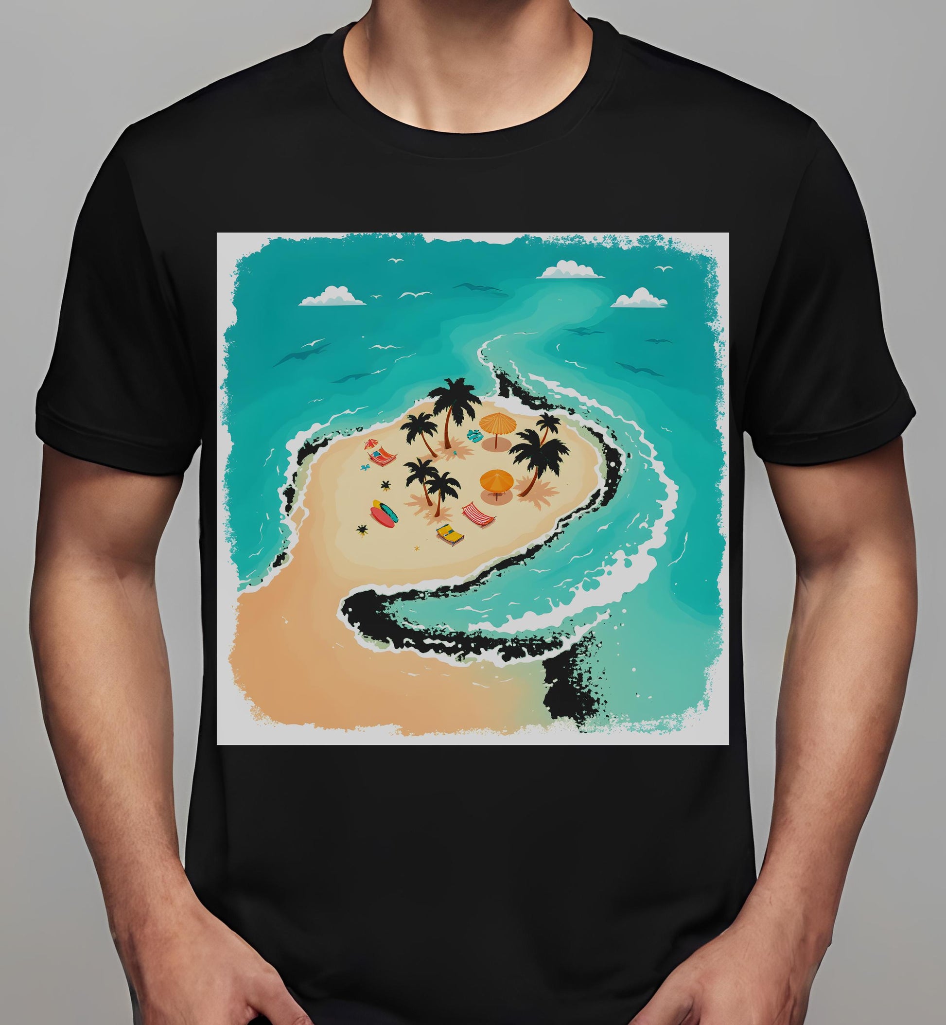 t-shirt - black - tropical paradise illustration - tropical island design - travel themed decor