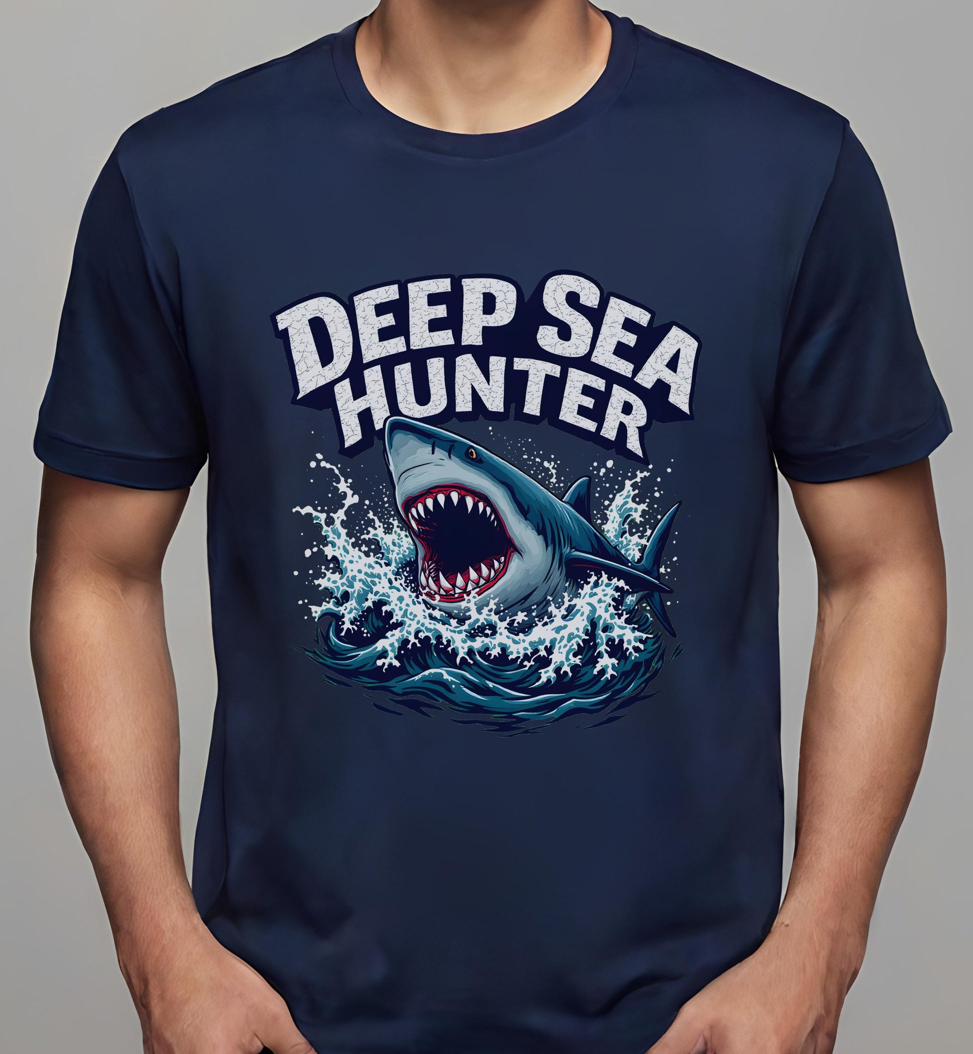 stylized shark illustration - navy - deep sea hunter - fishing-t-shirts - t-shirt