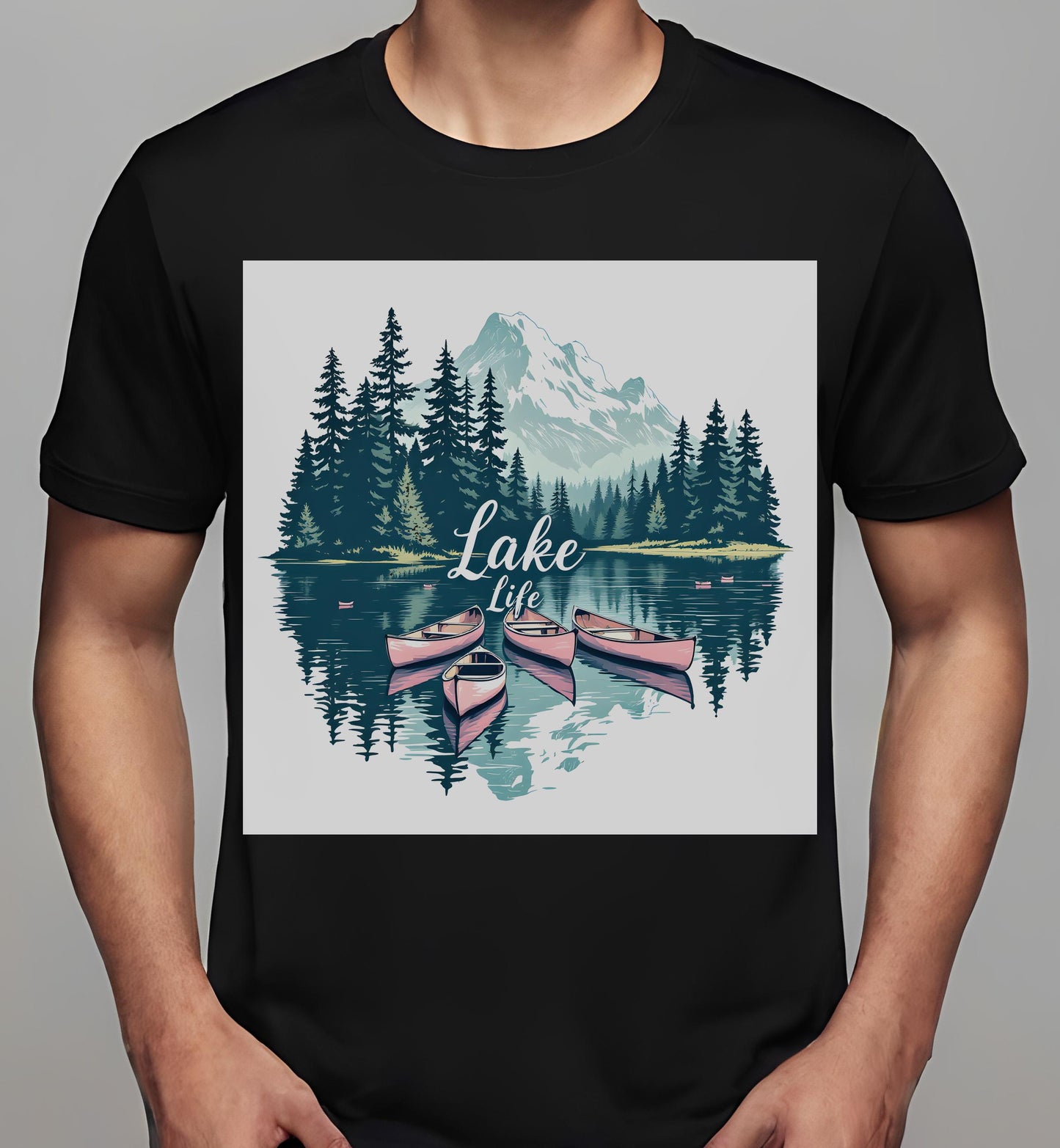 eco-friendly gifts - black - t-shirt - nature lovers - mountain and lake design