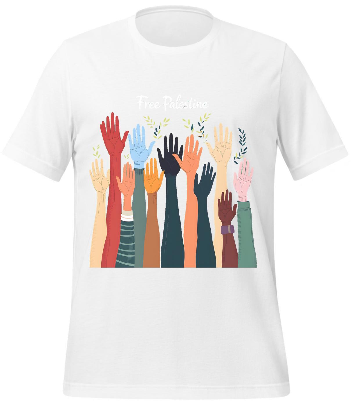 free-palestine-shirt - hands illustration - white - t-shirt - memorable artwork