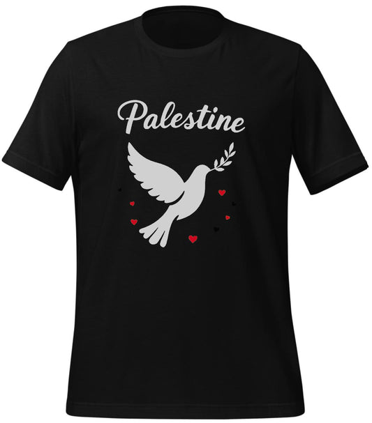 black - free palestine shirt - vibrant dove design - heart symbols - t-shirt