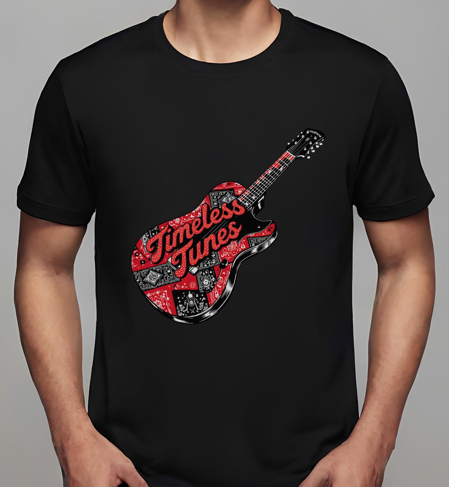 rock bandana art - black - vintage - t-shirt - guitar artwork