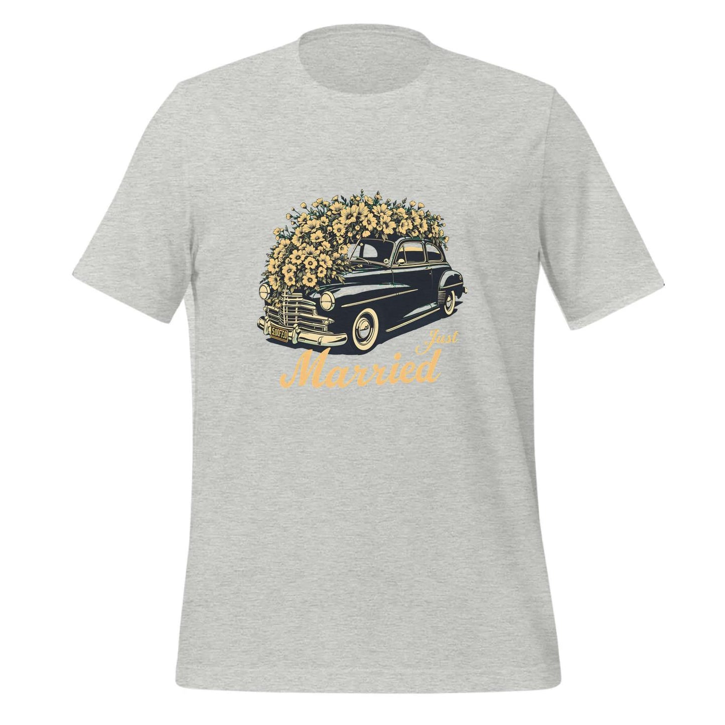 unique wedding outfit - t-shirt - playful wedding decorations - classic car