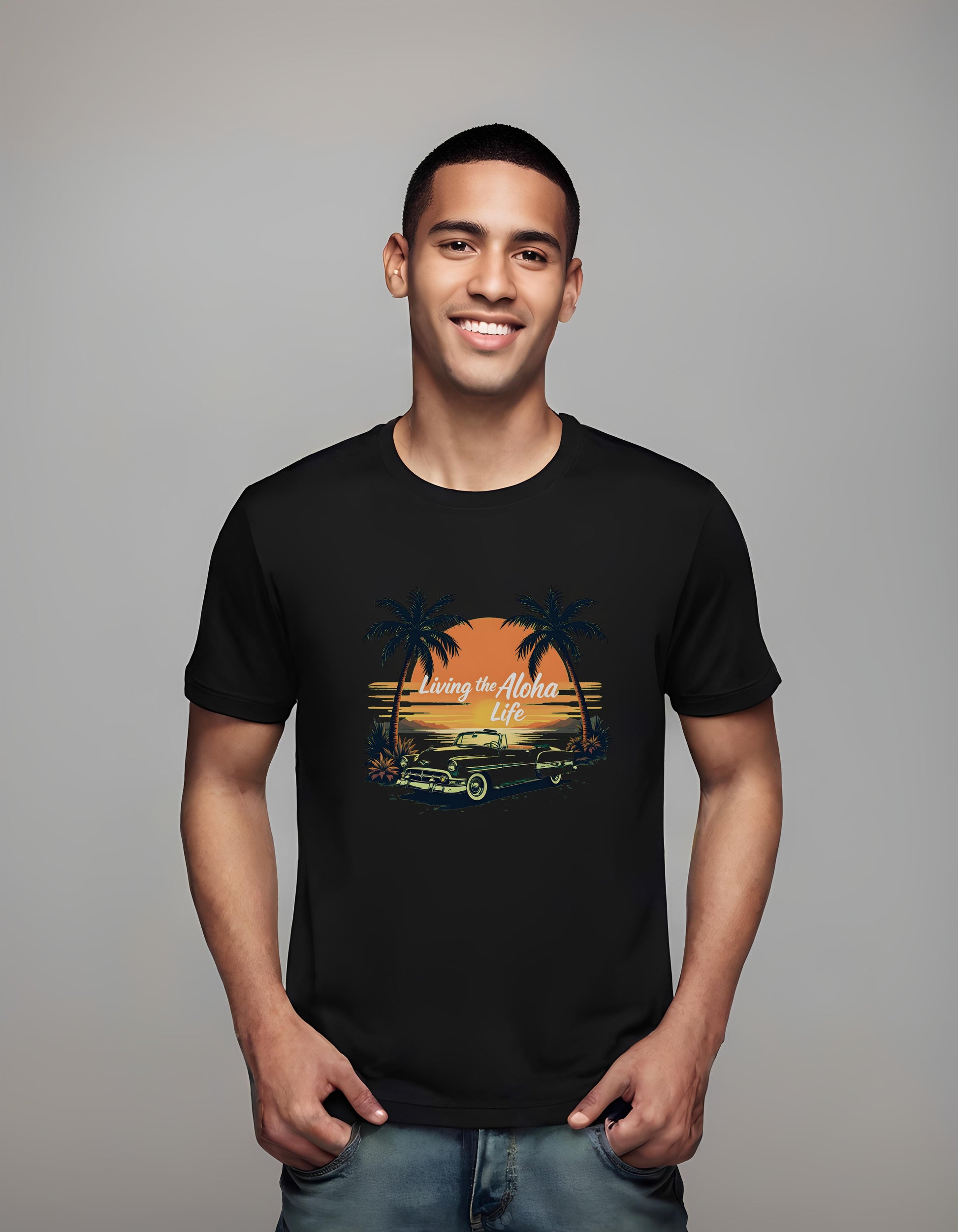 retro car design - t-shirt - retro sunset illustration - fun