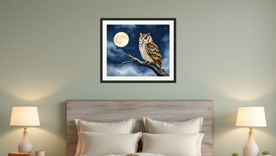 Moonlit Owl Perched on a Branch - Framed Art Print View