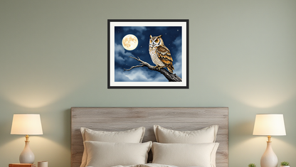 Moonlit Owl Perched on a Branch - Framed Art Print View