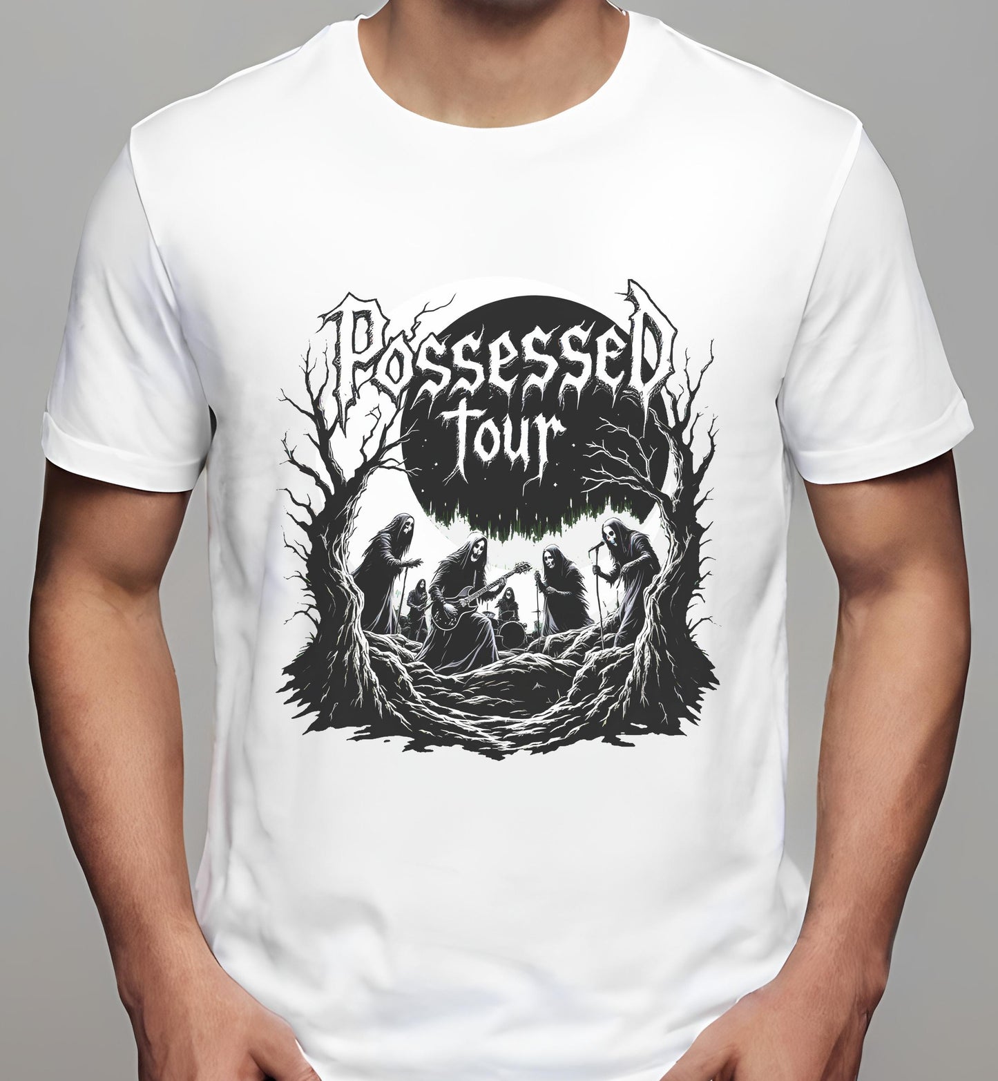 black and white art - white - t-shirt - crescent moon design - possessed tour artwork