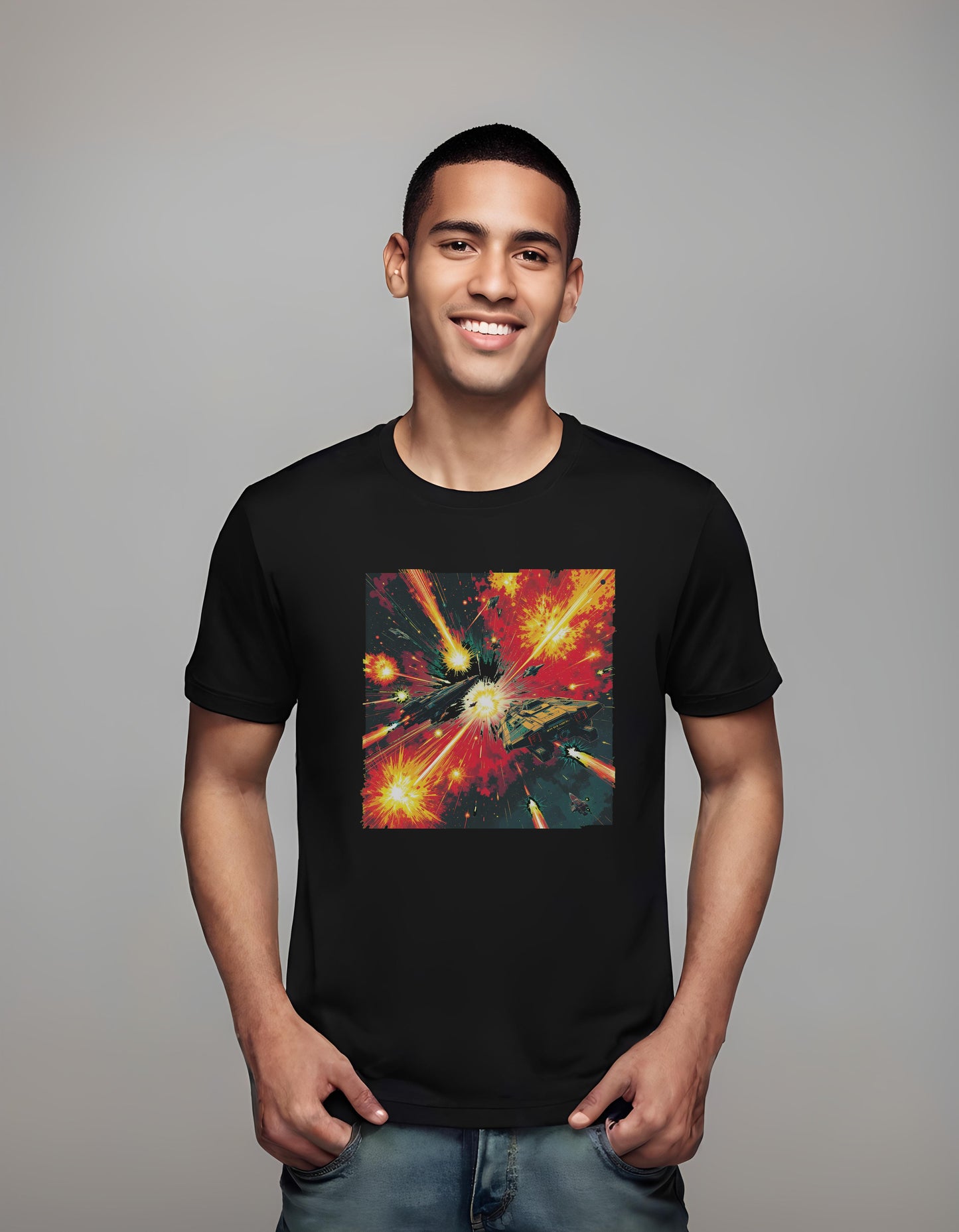 action-packed artwork - t-shirt - epic space scene - stylized space ships